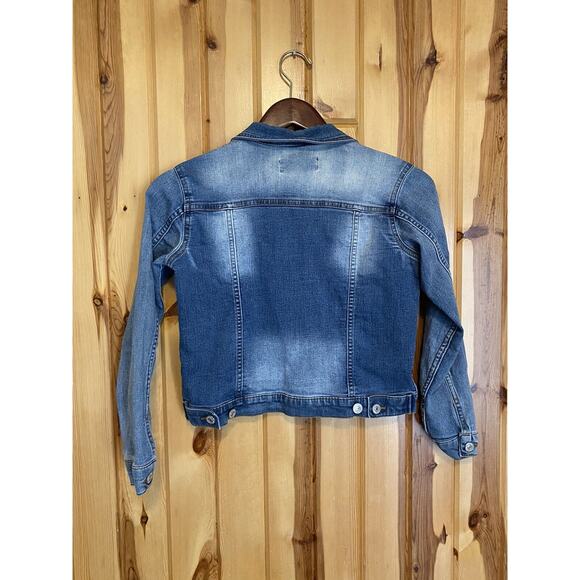 7 For All Mankind Denim Jacket Girls M Trucker Distressed Flap Pockets Stretchy - Picture 5 of 8